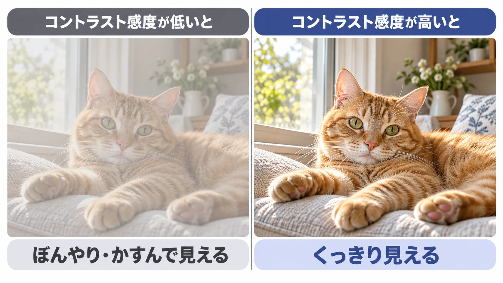 コントラスト感度が低いと猫がぼんやり・かすんで見え、高いとくっきり見えるイメージ